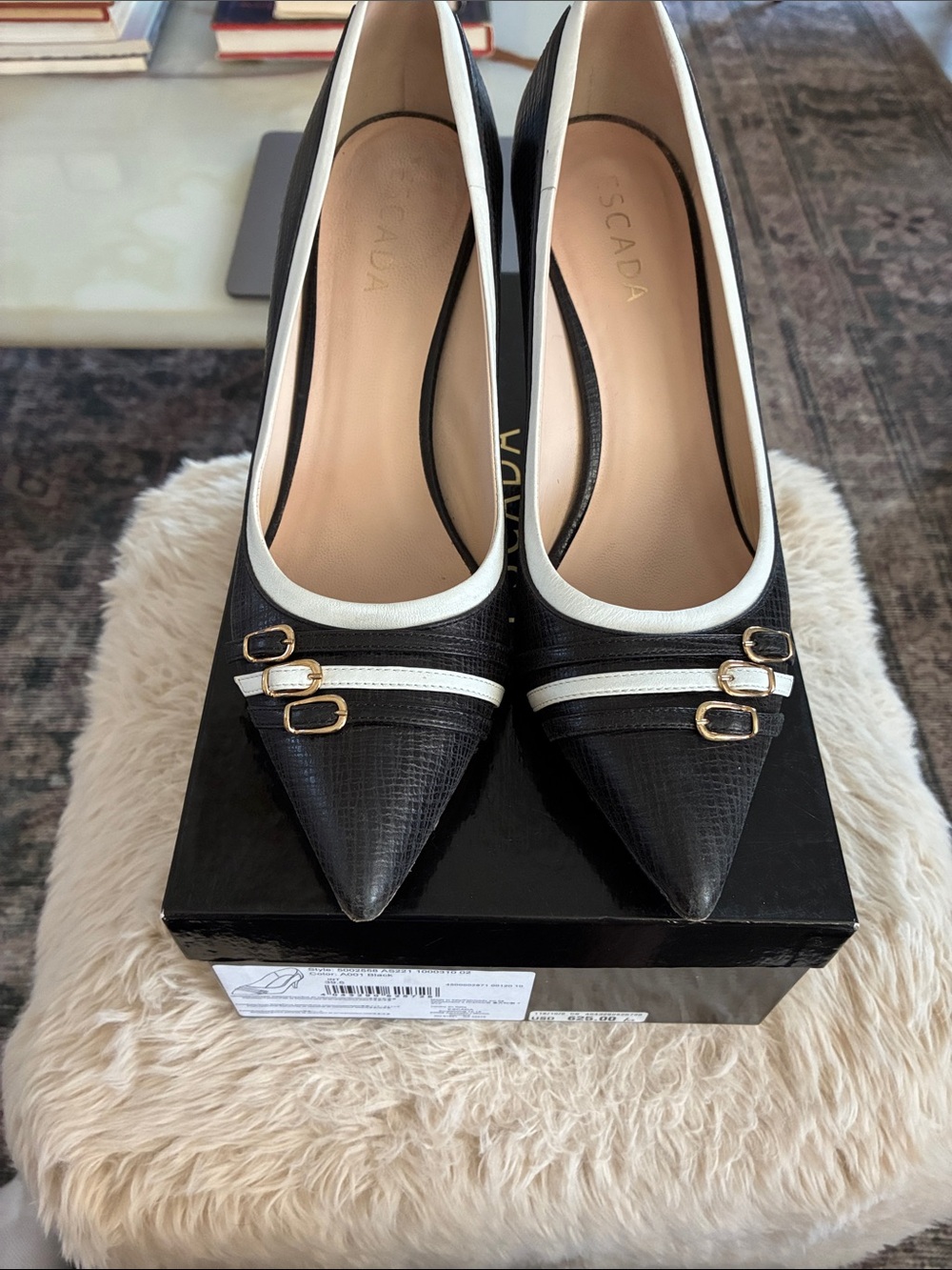 Escada Black and White Pointed Toe Buckle Pumps